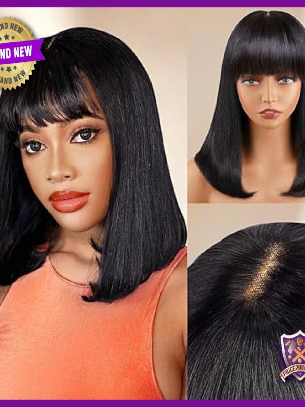 Human Hair Bob Wig with Bangs 16 Inch Glueless 150% Density